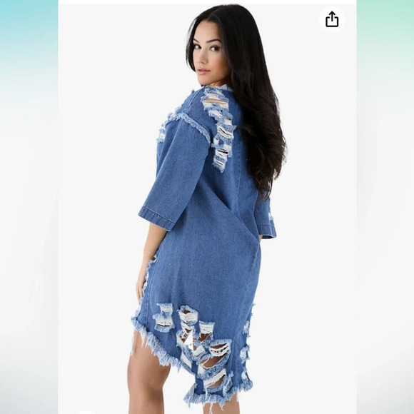 Vibrant MIU Distressed Denim 3/4 Sleeve High Low Dress.‎ Size Small. NWT. - Picture 3 of 12